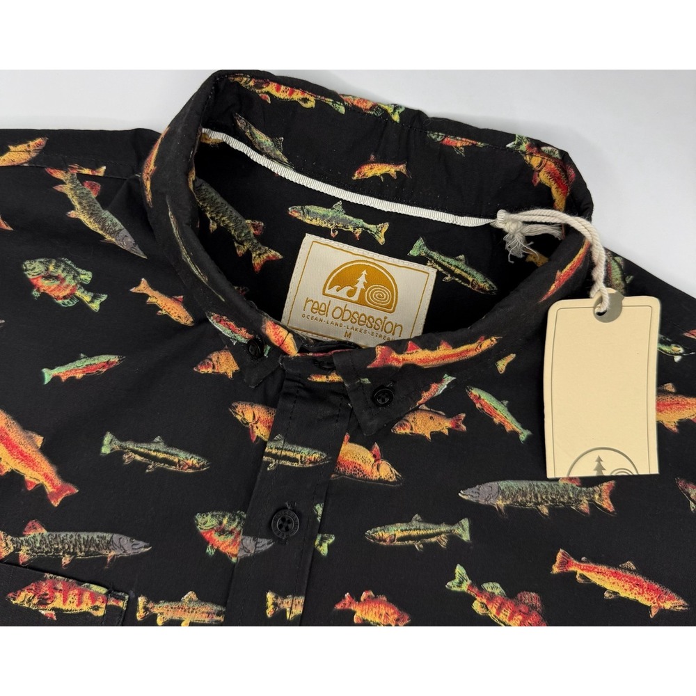 Reel Obsession Downstream Fish Print Button Up Shirt Mens M Black Fishing NWT
